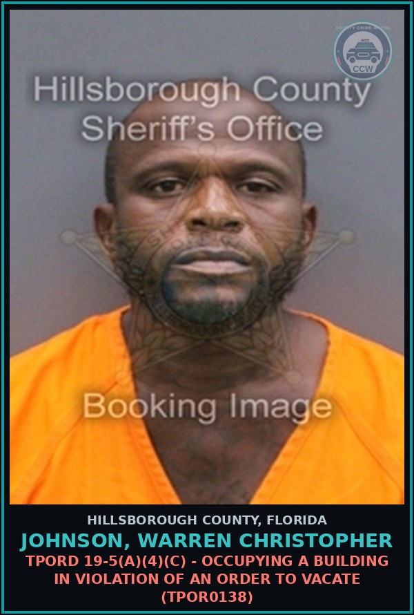 Booking mugshot of JOHNSON, WARREN CHRISTOPHER in Hillsborough County