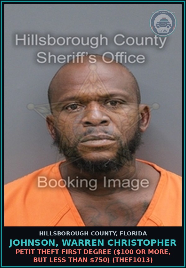 Booking mugshot of JOHNSON, WARREN CHRISTOPHER in Hillsborough County