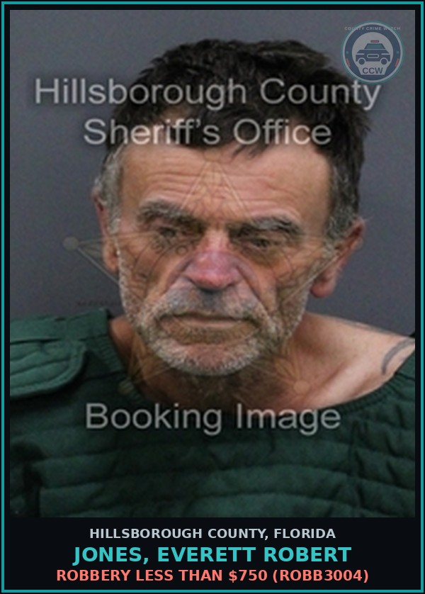 Booking mugshot of JONES, EVERETT ROBERT in Hillsborough County