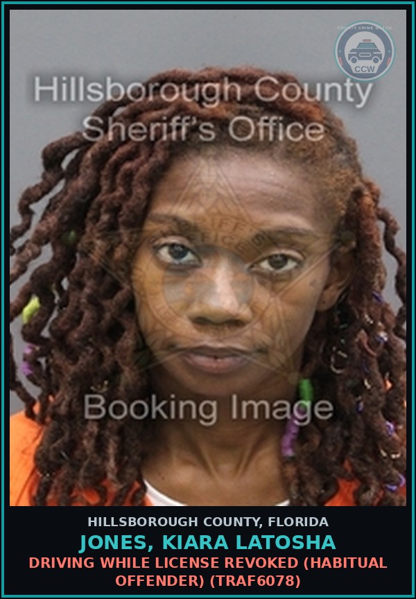Booking mugshot of JONES, KIARA LATOSHA in Hillsborough County