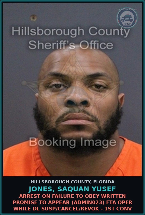Booking mugshot of JONES, SAQUAN YUSEF in Hillsborough County