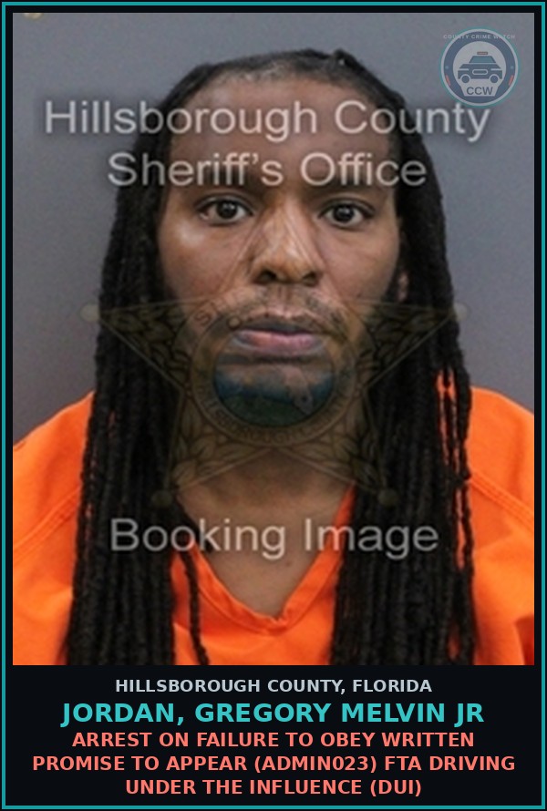 Booking mugshot of JORDAN, GREGORY MELVIN JR in Hillsborough County