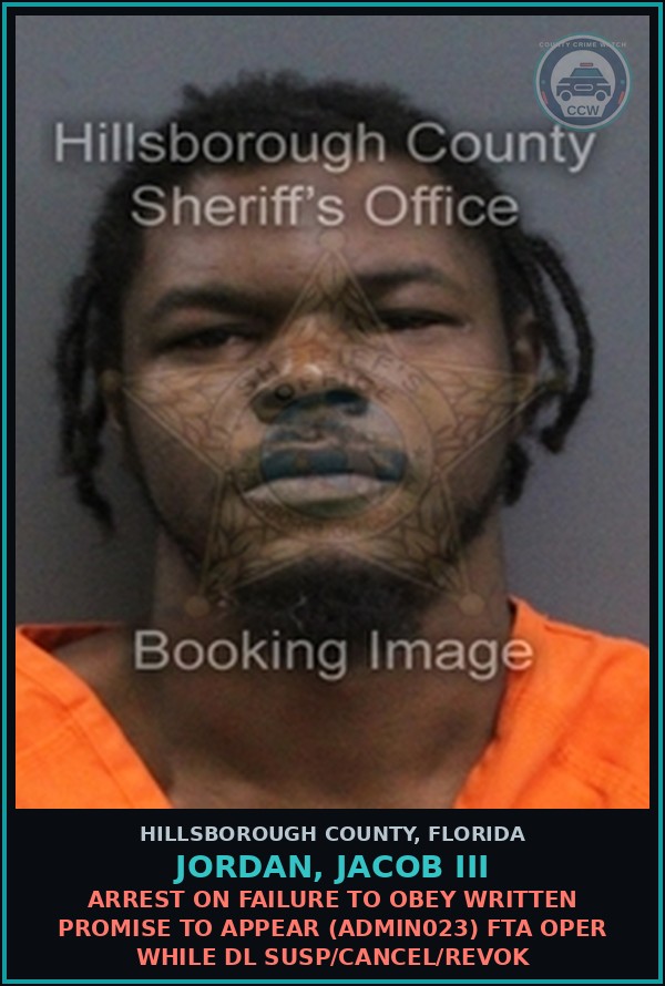 Booking mugshot of JORDAN, JACOB III in Hillsborough County