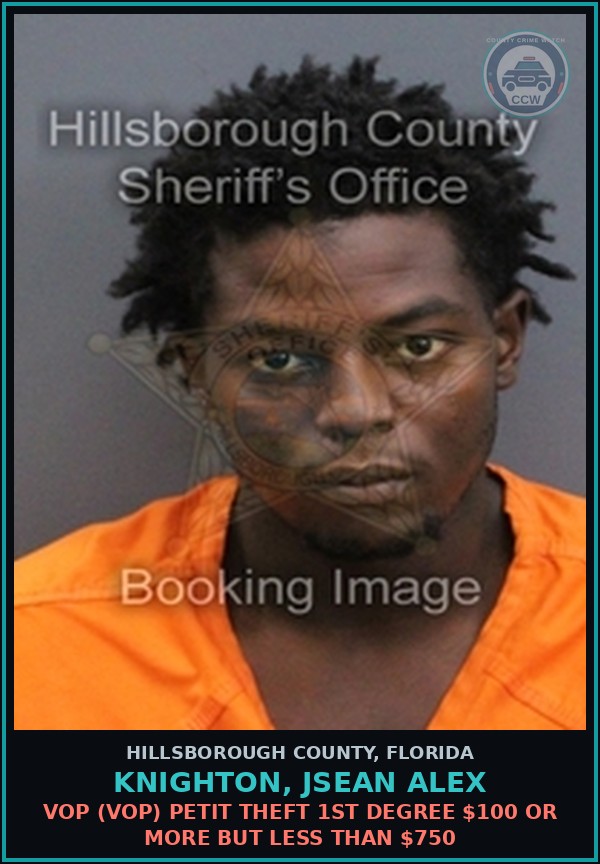 Booking mugshot of KNIGHTON, JSEAN ALEX in Hillsborough County
