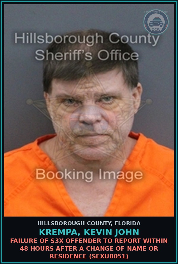 Booking mugshot of KREMPA, KEVIN JOHN in Hillsborough County