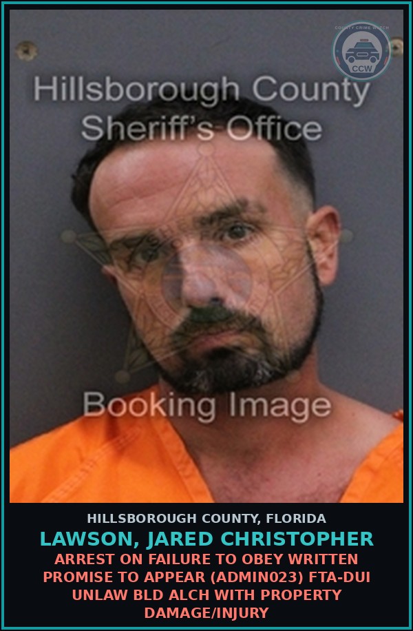 Booking mugshot of LAWSON, JARED CHRISTOPHER in Hillsborough County