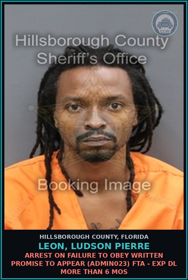 Booking mugshot of LEON, LUDSON PIERRE in Hillsborough County