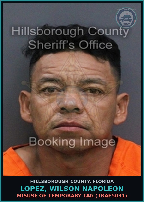 Booking mugshot of LOPEZ, WILSON NAPOLEON in Hillsborough County