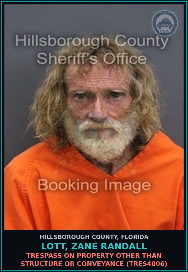 Booking mugshot of LOTT, ZANE RANDALL in Hillsborough County