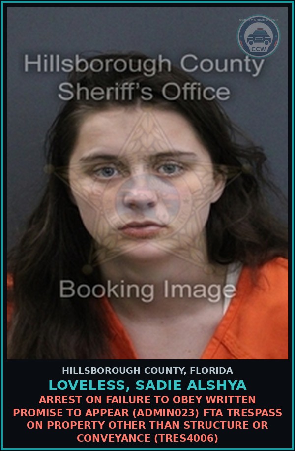 Booking mugshot of LOVELESS, SADIE ALSHYA in Hillsborough County