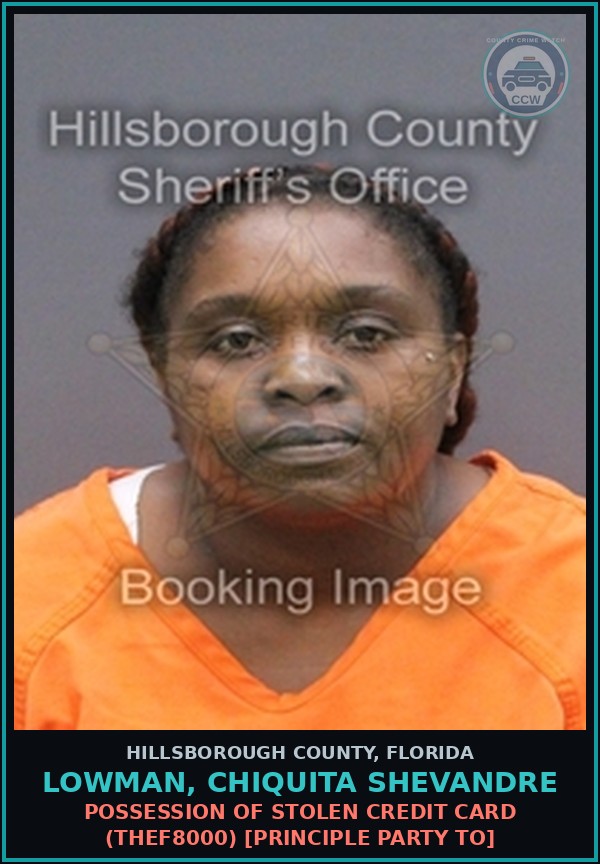 Booking mugshot of LOWMAN, CHIQUITA SHEVANDRE in Hillsborough County