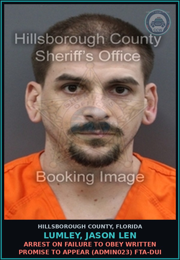Booking mugshot of LUMLEY, JASON LEN in Hillsborough County