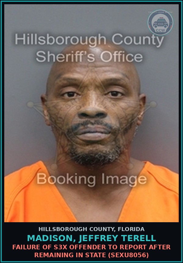 Booking mugshot of MADISON, JEFFREY TERELL in Hillsborough County