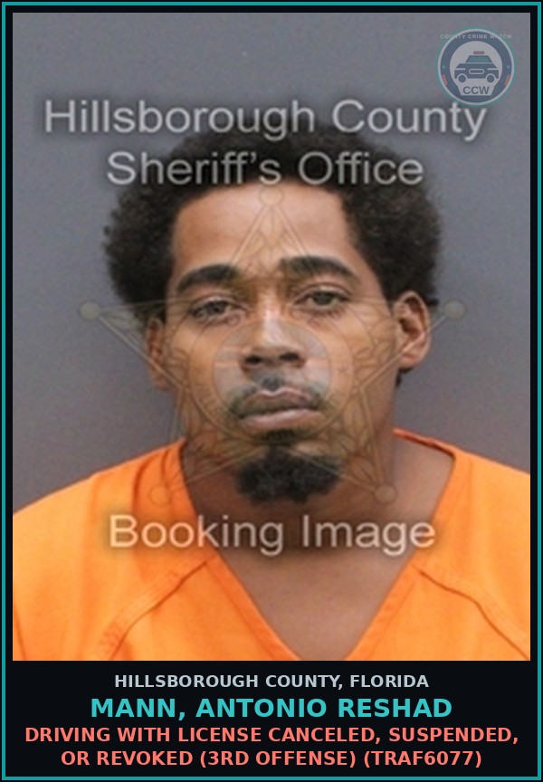 Booking mugshot of MANN, ANTONIO RESHAD in Hillsborough County