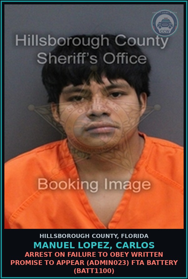 Booking mugshot of MANUEL LOPEZ, CARLOS in Hillsborough County