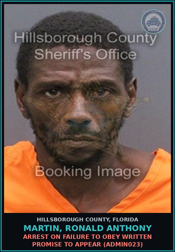 Booking mugshot of MARTIN, RONALD ANTHONY in Hillsborough County