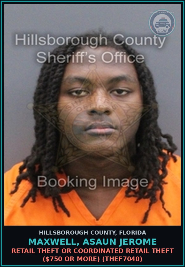 Booking mugshot of MAXWELL, ASAUN JEROME in Hillsborough County