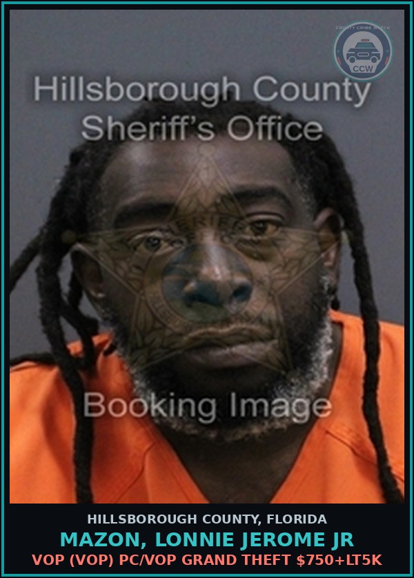 Booking mugshot of MAZON, LONNIE JEROME JR in Hillsborough County