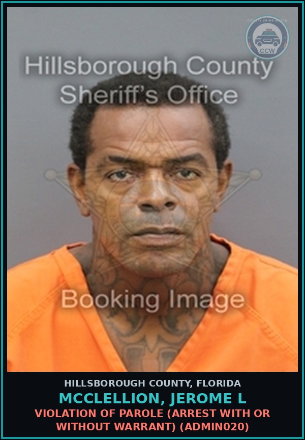 Booking mugshot of MCCLELLION, JEROME L in Hillsborough County