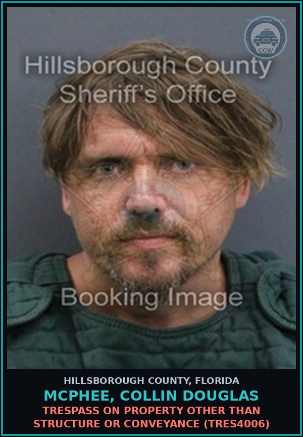 Booking mugshot of MCPHEE, COLLIN DOUGLAS in Hillsborough County