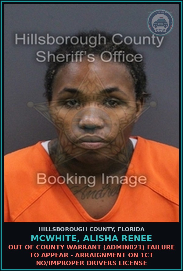 Booking mugshot of MCWHITE, ALISHA RENEE in Hillsborough County