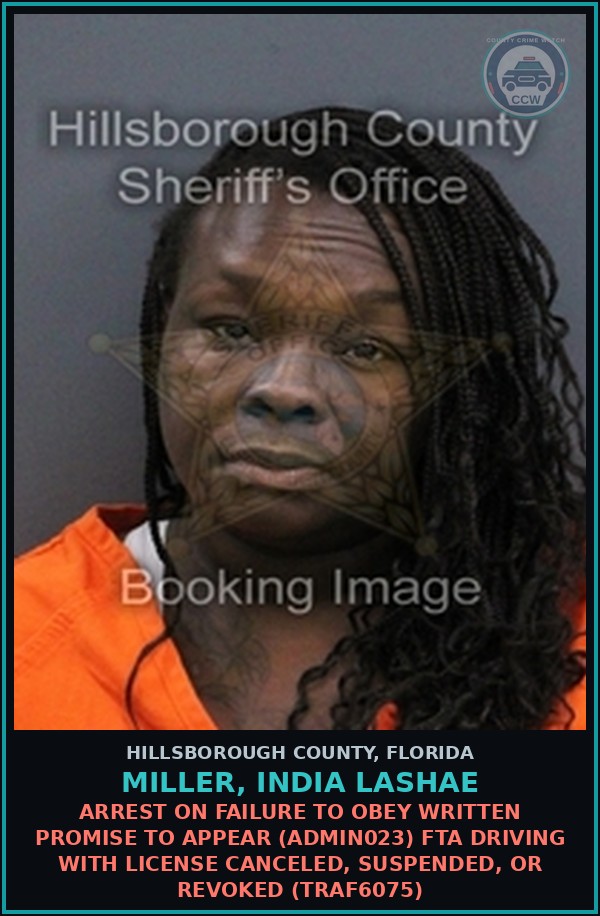 Booking mugshot of MILLER, INDIA LASHAE in Hillsborough County