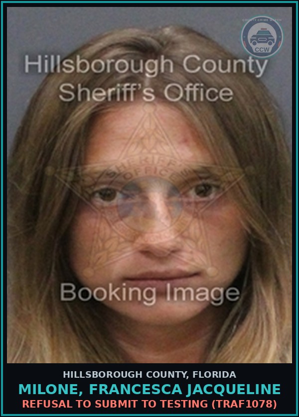 Booking mugshot of MILONE, FRANCESCA JACQUELINE in Hillsborough County