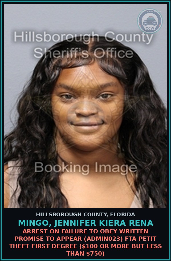 Booking mugshot of MINGO, JENNIFER KIERA RENA in Hillsborough County