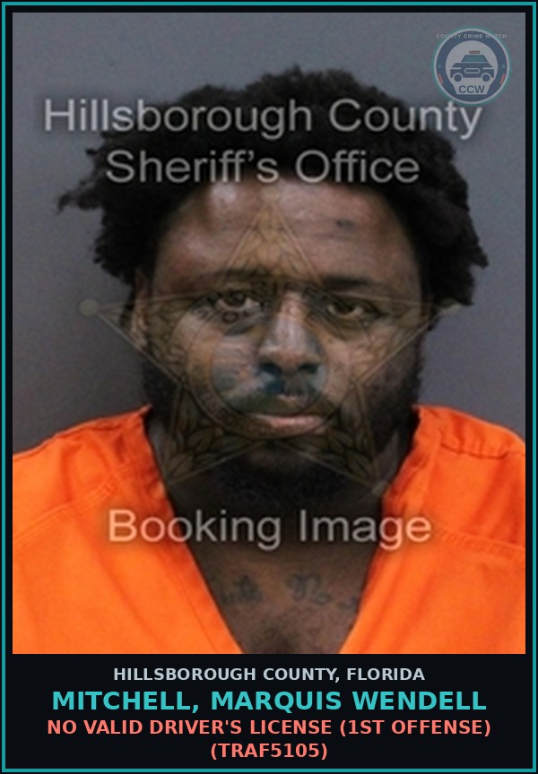 Booking mugshot of MITCHELL, MARQUIS WENDELL in Hillsborough County
