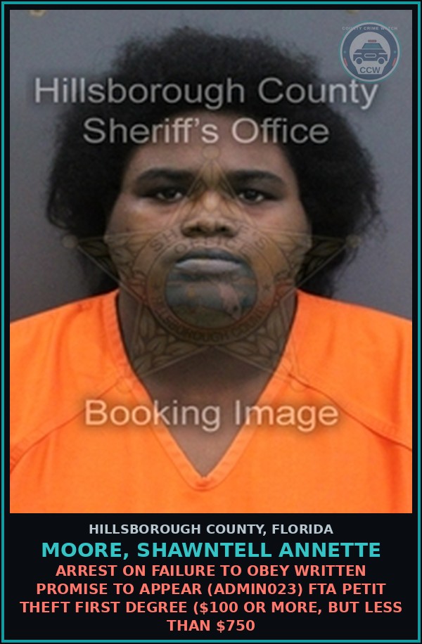 Booking mugshot of MOORE, SHAWNTELL ANNETTE in Hillsborough County