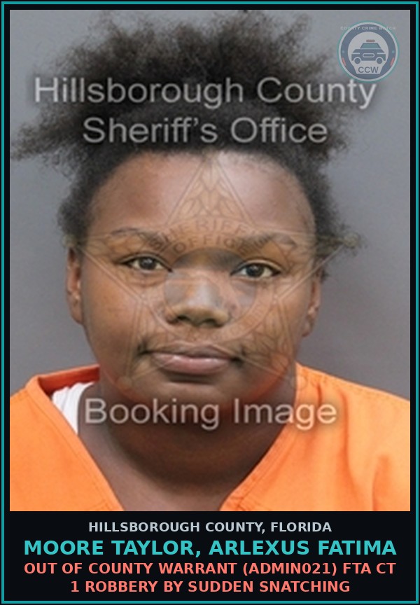 Booking mugshot of MOORE TAYLOR, ARLEXUS FATIMA in Hillsborough County