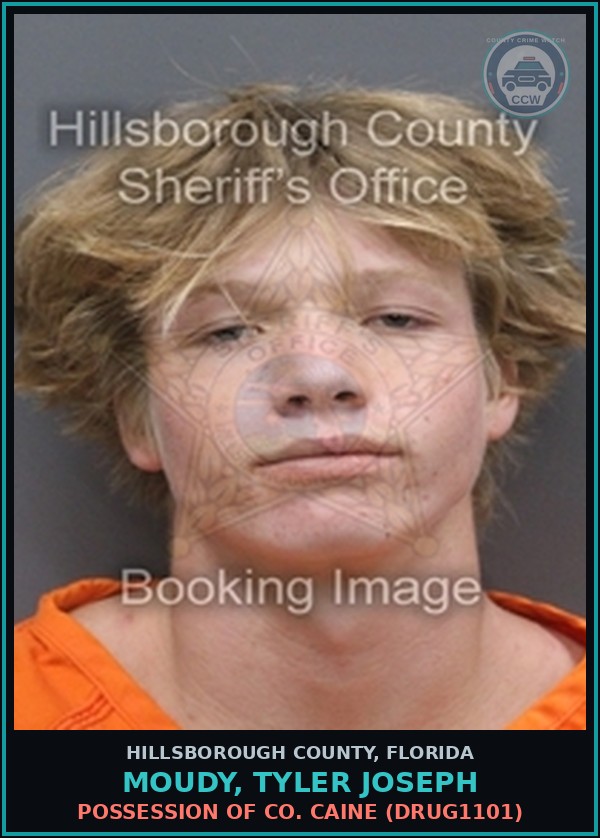 Booking mugshot of MOUDY, TYLER JOSEPH in Hillsborough County