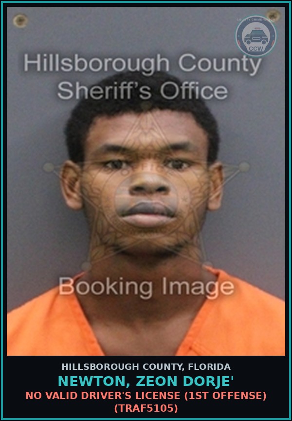 Booking mugshot of NEWTON, ZEON DORJE' in Hillsborough County