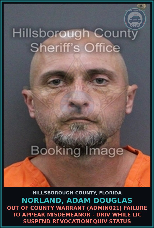 Booking mugshot of NORLAND, ADAM DOUGLAS in Hillsborough County