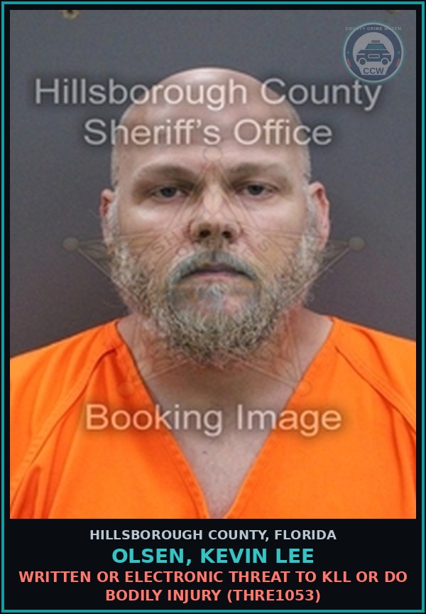 Booking mugshot of OLSEN, KEVIN LEE in Hillsborough County