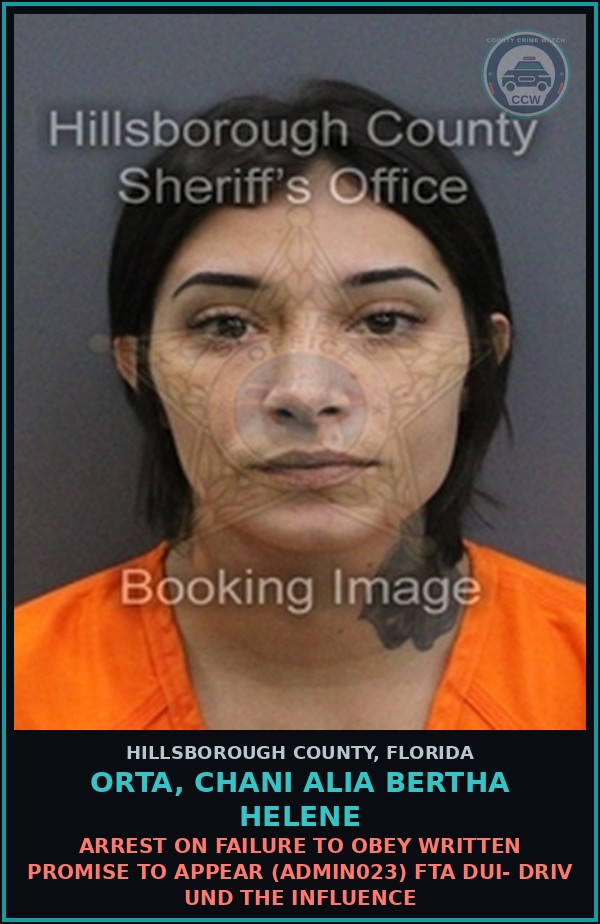 Booking mugshot of ORTA, CHANI ALIA BERTHA HELENE in Hillsborough County