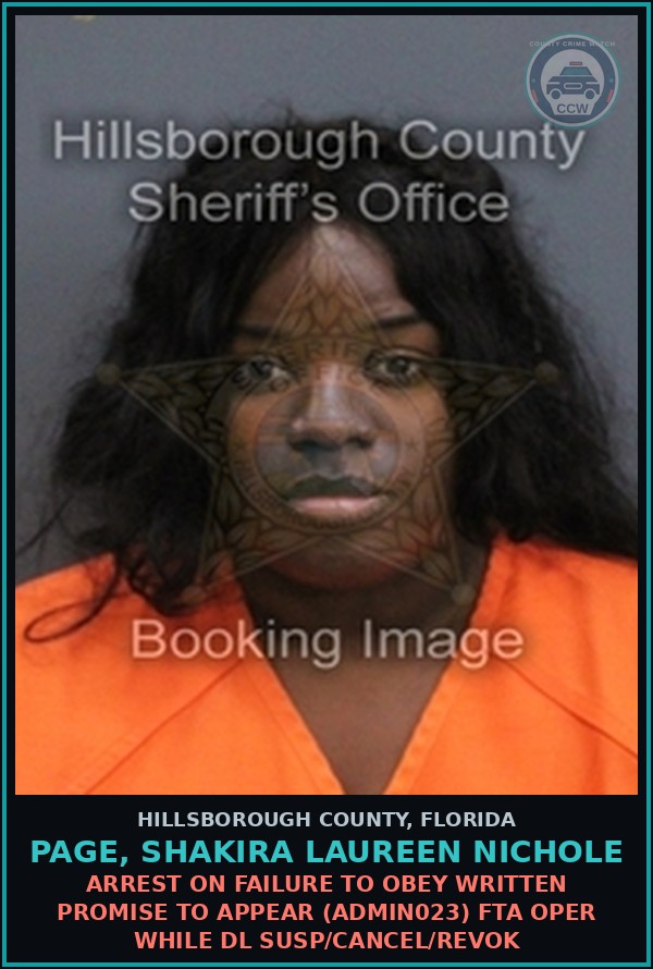 Booking mugshot of PAGE, SHAKIRA LAUREEN NICHOLE in Hillsborough County