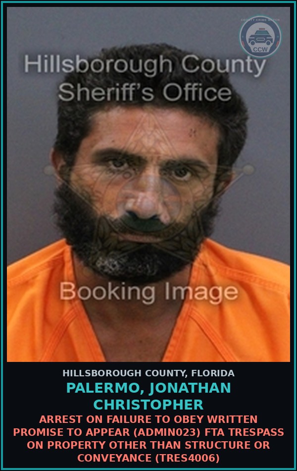Booking mugshot of PALERMO, JONATHAN CHRISTOPHER in Hillsborough County