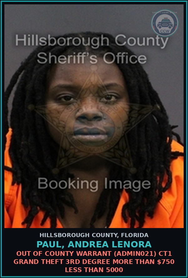 Booking mugshot of PAUL, ANDREA LENORA in Hillsborough County