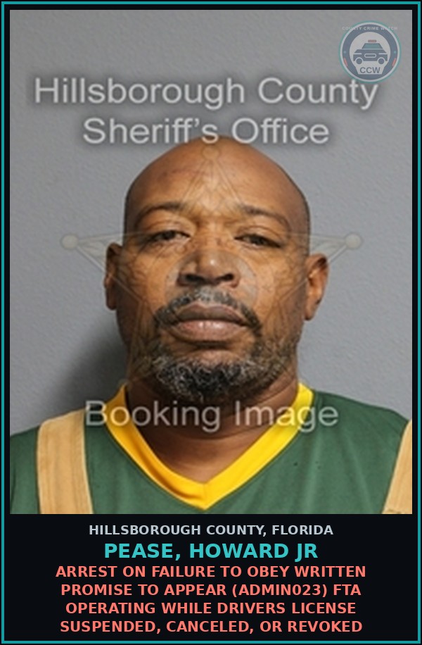 Booking mugshot of PEASE, HOWARD JR in Hillsborough County
