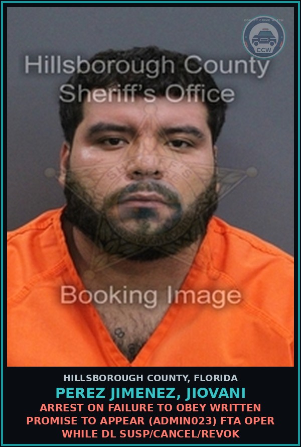 Booking mugshot of PEREZ JIMENEZ, JIOVANI in Hillsborough County