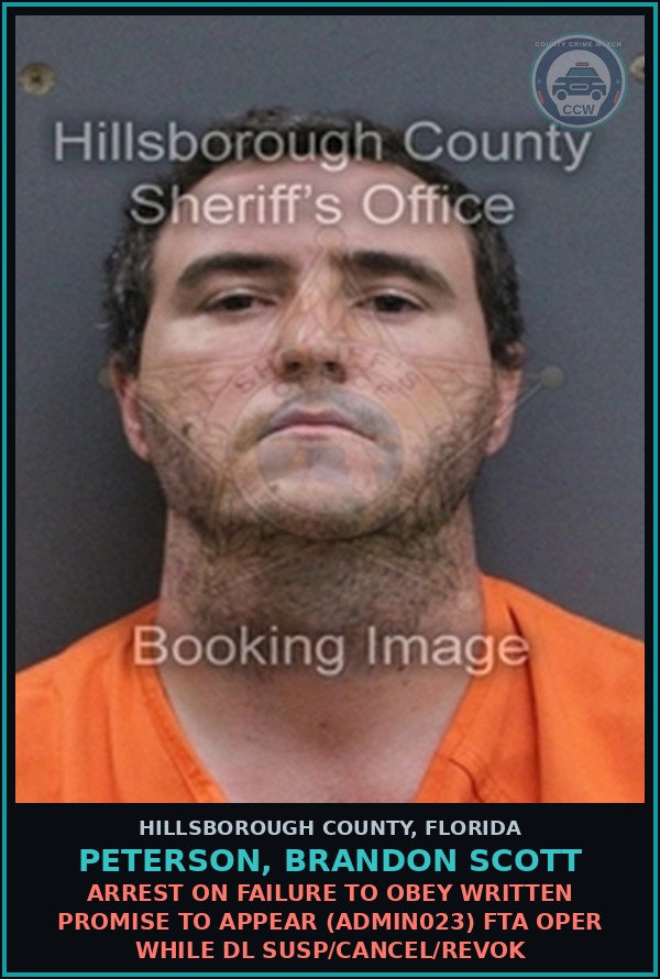 Booking mugshot of PETERSON, BRANDON SCOTT in Hillsborough County