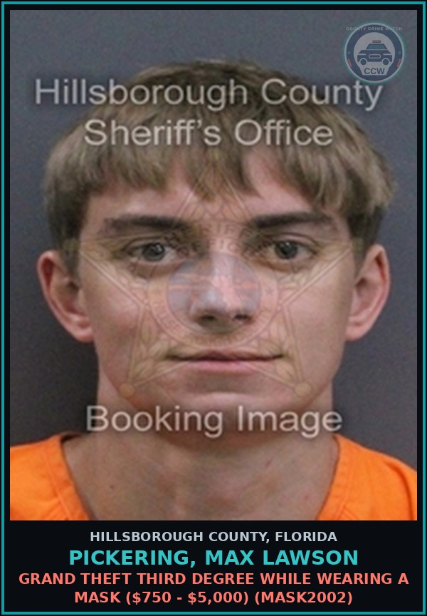 Booking mugshot of PICKERING, MAX LAWSON in Hillsborough County