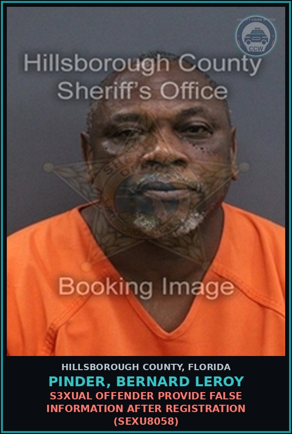 Booking mugshot of PINDER, BERNARD LEROY in Hillsborough County