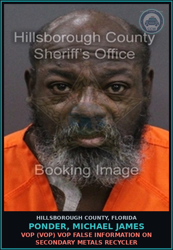 Booking mugshot of PONDER, MICHAEL JAMES in Hillsborough County