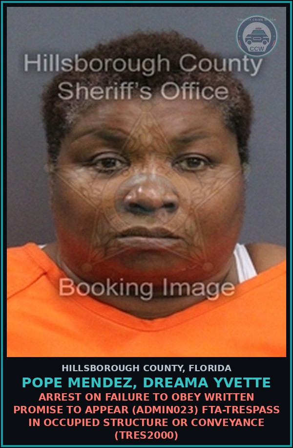 Booking mugshot of POPE MENDEZ, DREAMA YVETTE in Hillsborough County