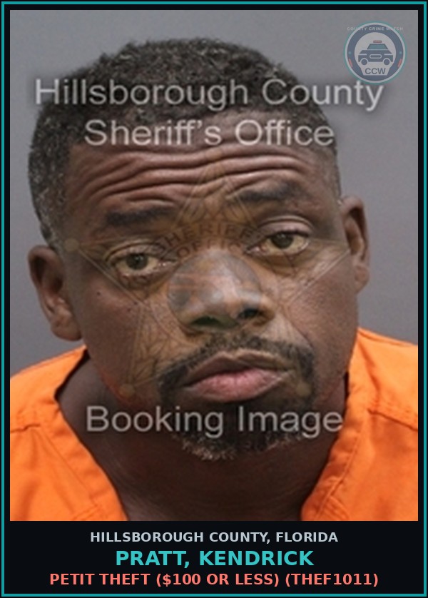 Booking mugshot of PRATT, KENDRICK in Hillsborough County