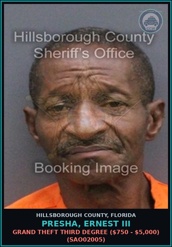 Booking mugshot of PRESHA, ERNEST III in Hillsborough County
