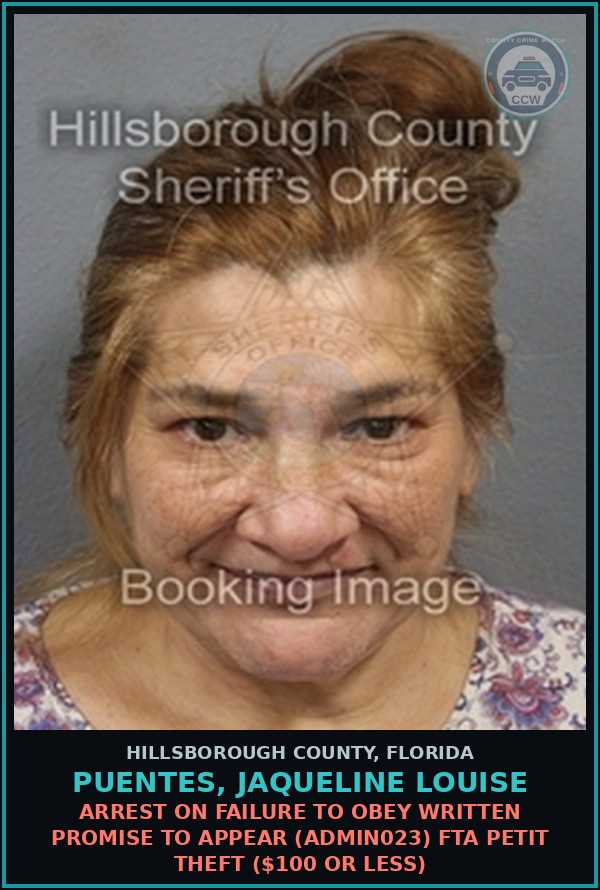 Booking mugshot of PUENTES, JAQUELINE LOUISE in Hillsborough County