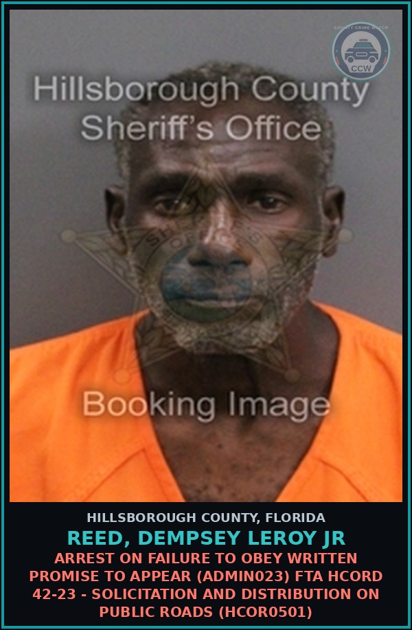 Booking mugshot of REED, DEMPSEY LEROY JR in Hillsborough County